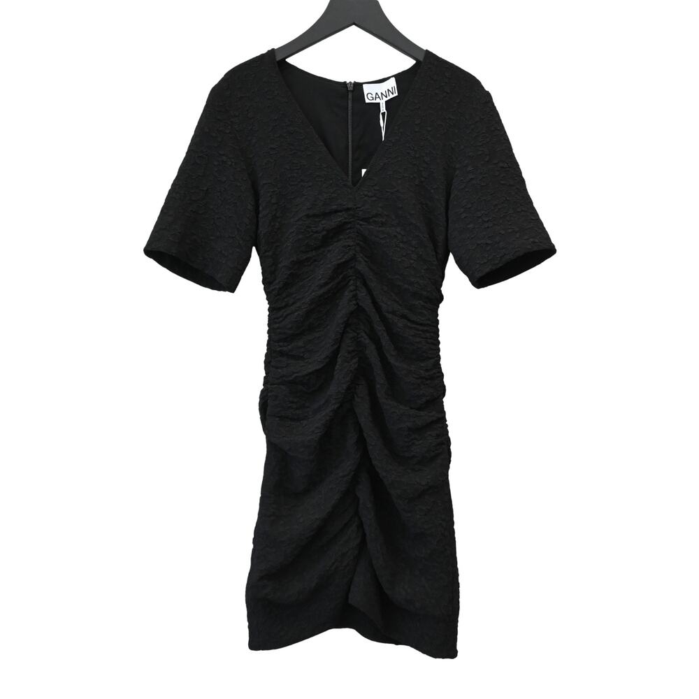 Ganni Black Ruched Textured Mini Dress Size 32 / Approx. XS